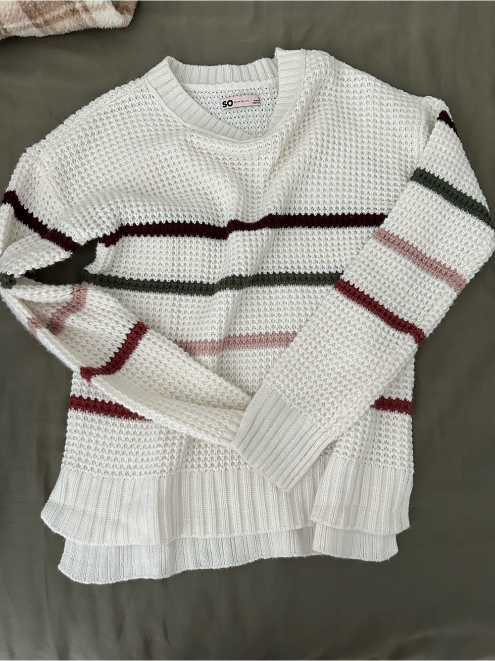 SO White Waffle Knit Sweater with Burgundy, Olive & Dusty Pink Stripes - bundle